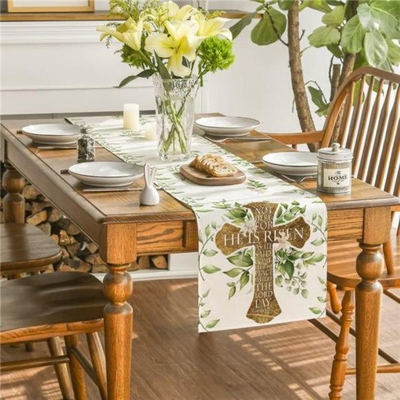 Easter Table Runner Cross Floral Spring Decor Farmhouse Cottage Decorative Cloth - Picture 3 of 5